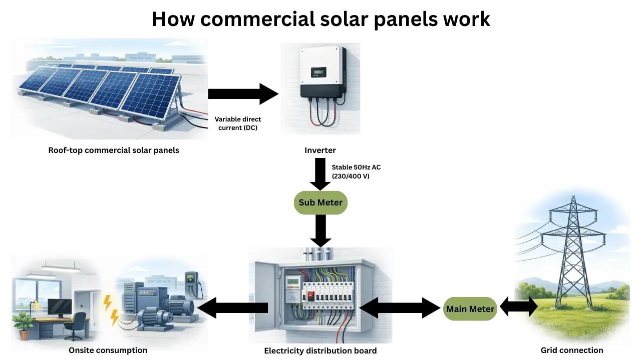 A flow diagram showing how commercial solar panels work
