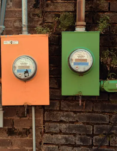 Electricity meters on building exterior