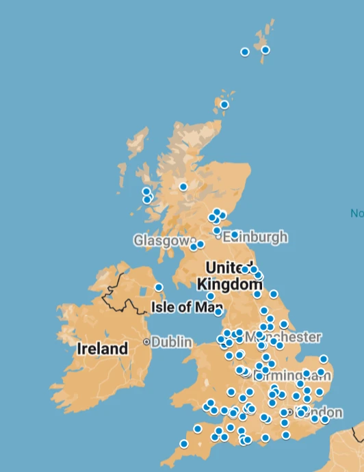 Map showing locations of battery storage facilities in the UK